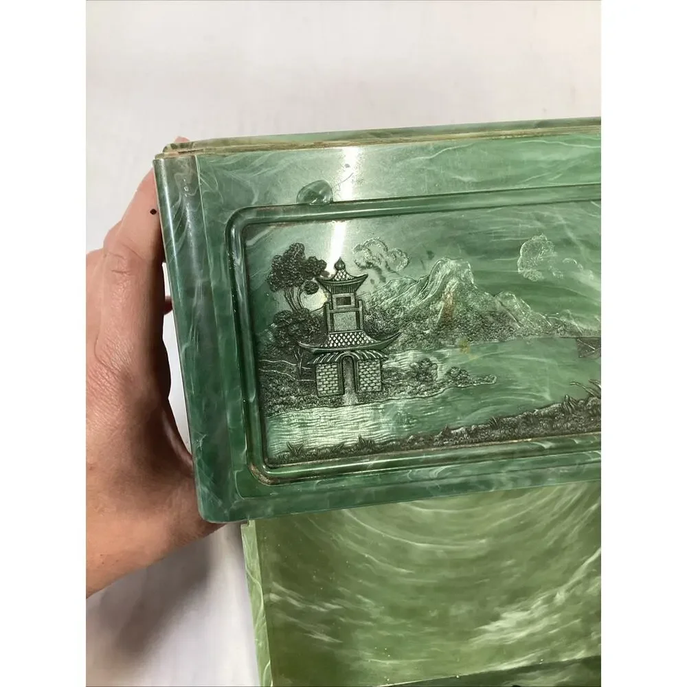Vintage Green Marbled Celluoid Chinese Style Jewelry Box 3-Drawer